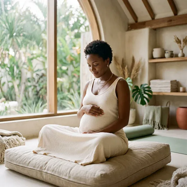 A serene pregnant woman practicing mindfulness, representing perinatal mental health and wellness support.